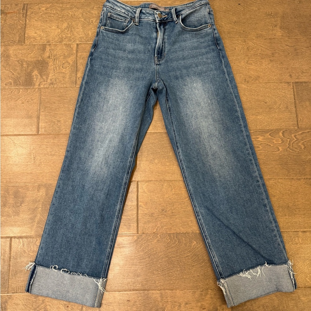 Just USA Nori Women's Cropped Cuffed Wide Leg Blue Jeans